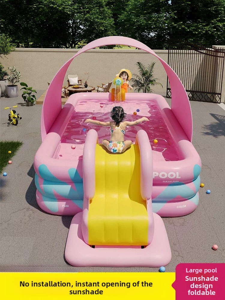 Water Slide Inflatable - Aufblasbarer Pool mit Sonnenschutz und Rutsche,